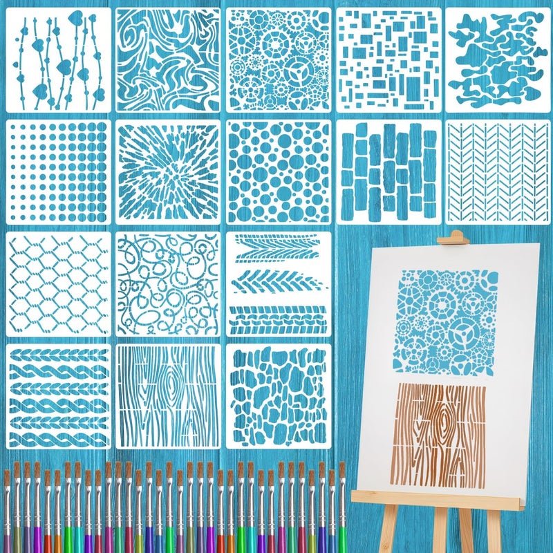 Resflyar 16 PCS Cubist Wood Texture Stencils, 6 Inch Texture Mixed Burlap Reusable Plastic Stencils for Painting on Wood, Geometric Cubist Layering Stencil for Wall Canvas Furniture Tile DIY Craft Home Decor - Image 1